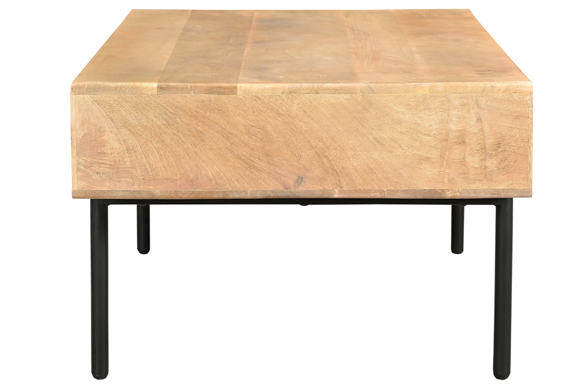 Rechteckiger Couchtisch mit Stauraum 2 Schubladen aus hellem, massiven Mangoholz und schwarzem Metall B 100cm JUDE