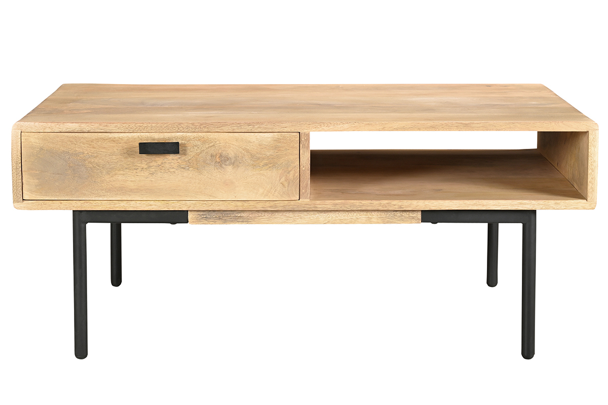Rechteckiger Couchtisch mit Stauraum 2 Schubladen aus hellem, massiven Mangoholz und schwarzem Metall B 100cm JUDE