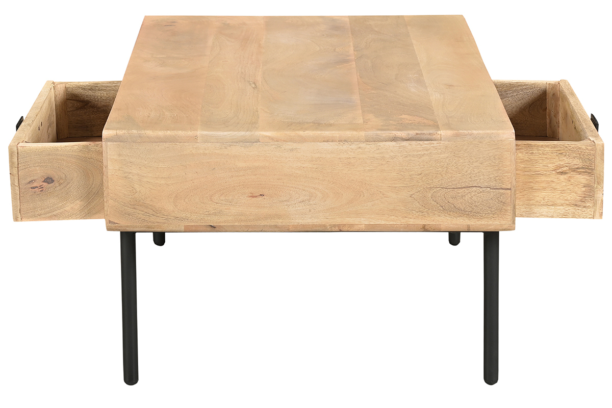 Rechteckiger Couchtisch mit Stauraum 2 Schubladen aus hellem, massiven Mangoholz und schwarzem Metall B 100cm JUDE