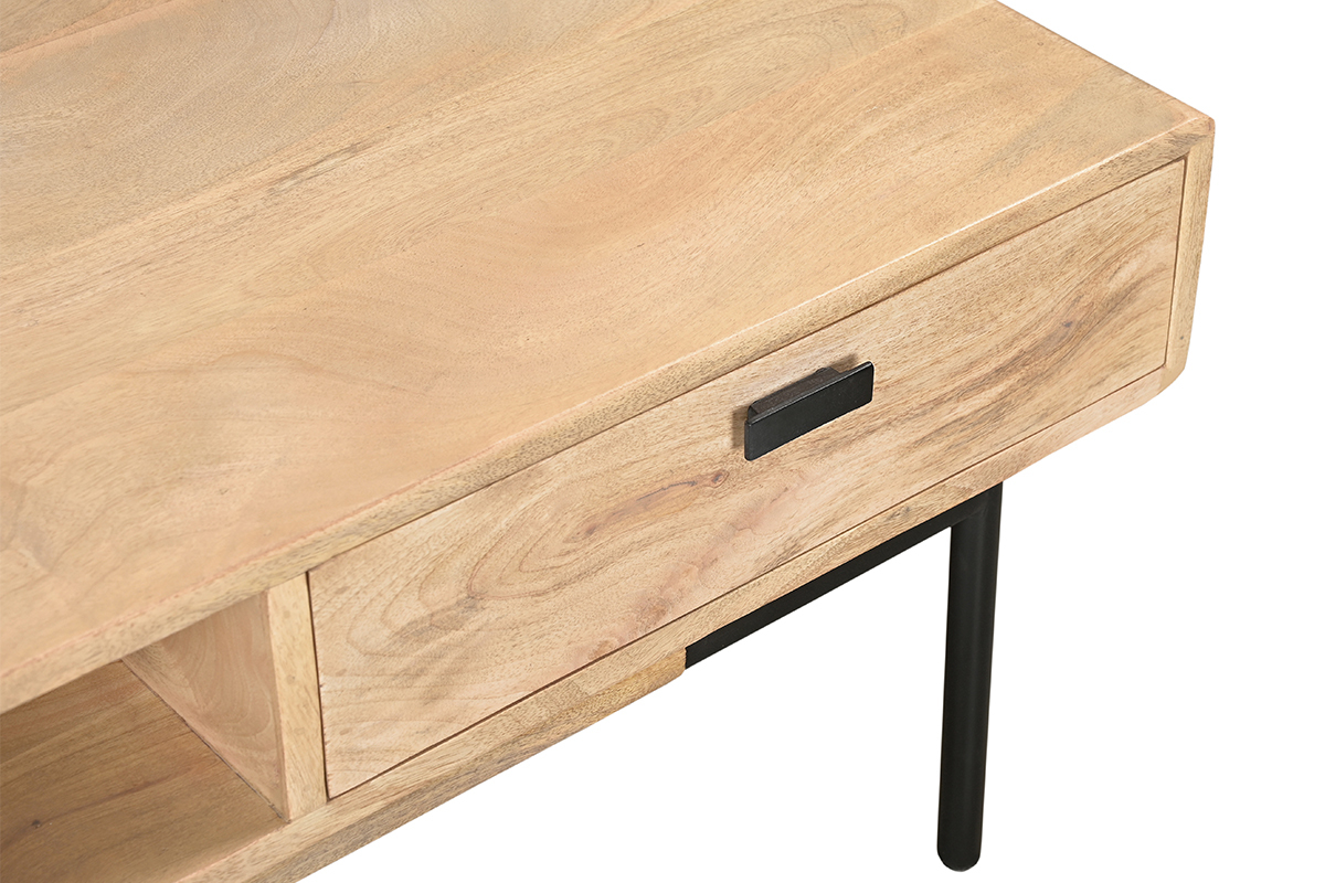 Rechteckiger Couchtisch mit Stauraum 2 Schubladen aus hellem, massiven Mangoholz und schwarzem Metall B 100cm JUDE