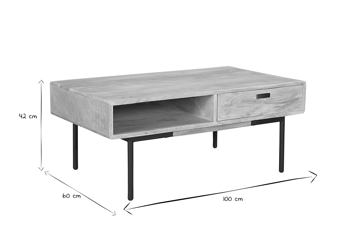 Rechteckiger Couchtisch mit Stauraum 2 Schubladen aus hellem, massiven Mangoholz und schwarzem Metall B 100cm JUDE
