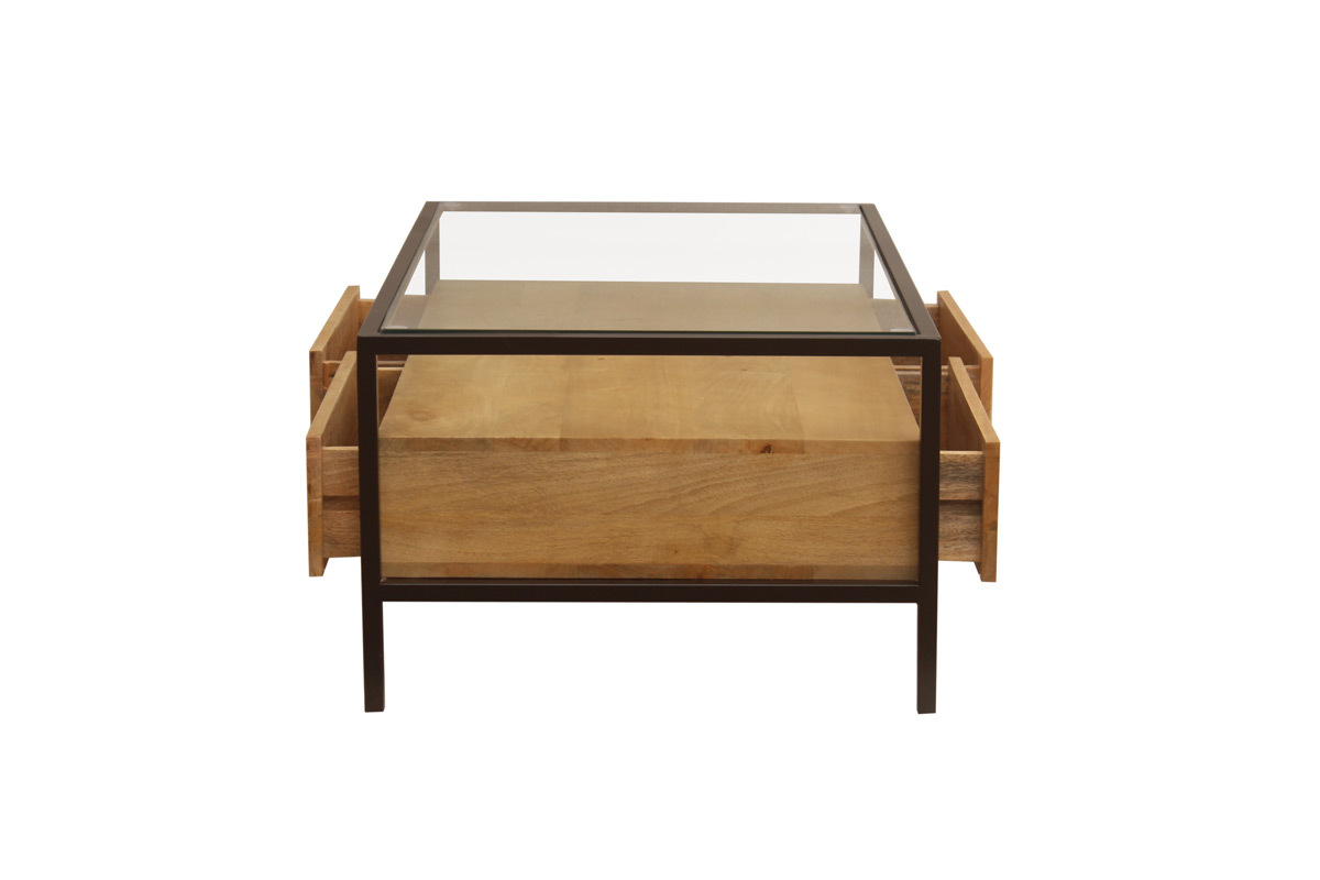 Rechteckiger Couchtisch mit Stauraum aus massivem Mangoholz, Glas und schwarzem Metall B100 cm SITA