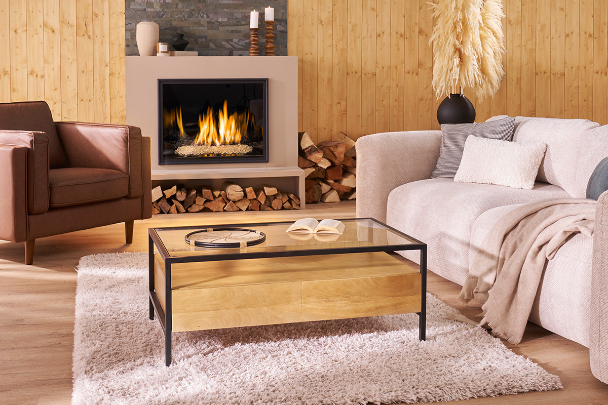Rechteckiger Couchtisch mit Stauraum aus massivem Mangoholz, Glas und schwarzem Metall B100 cm SITA