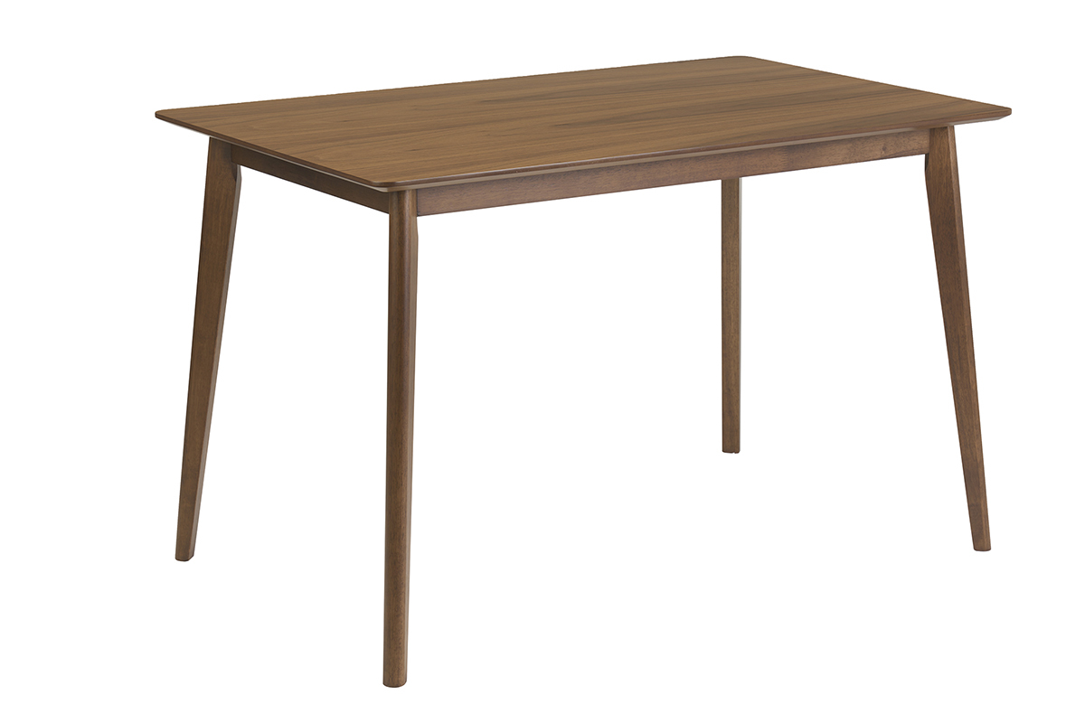Rechteckiger Esstisch aus dunklem Walnussholz, 3/4-Ansicht, Ma�e L120 x T75 cm.