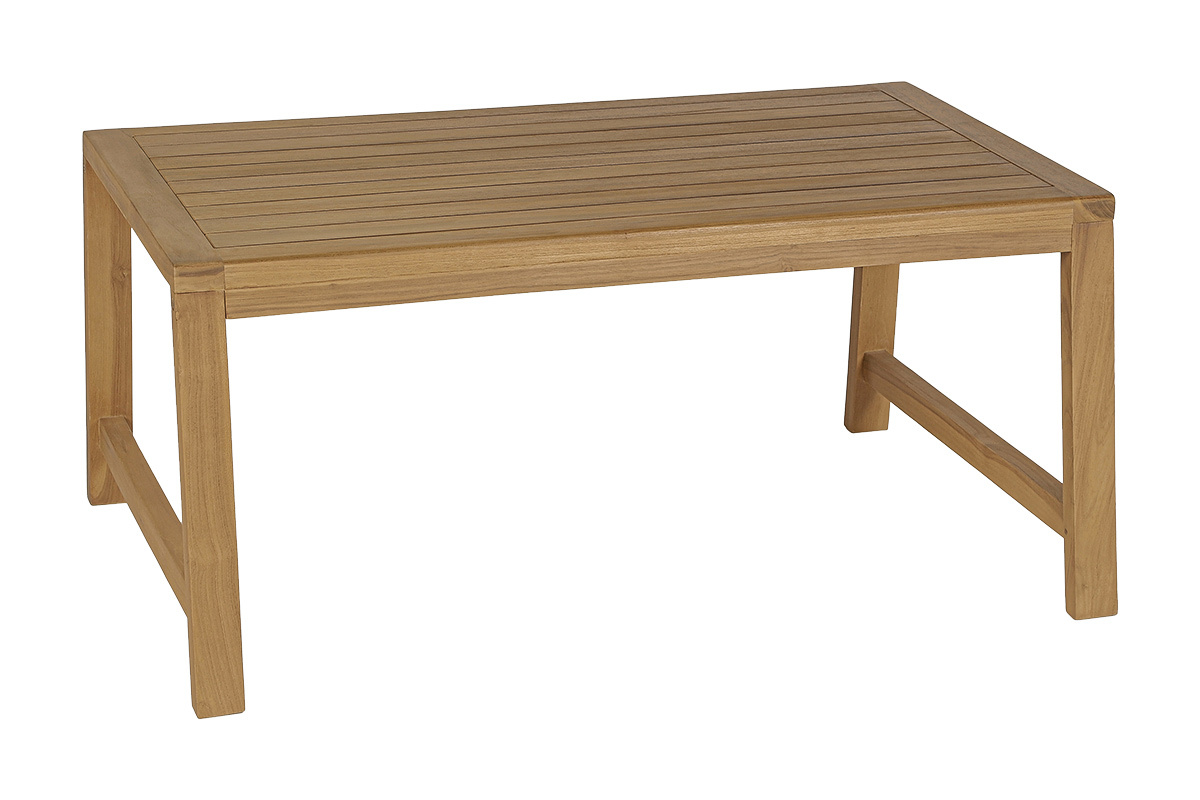 Rechteckiger Gartencouchtisch aus massivem Teakholz, Dreiviertelansicht, Ma�e 100x70x45 cm.