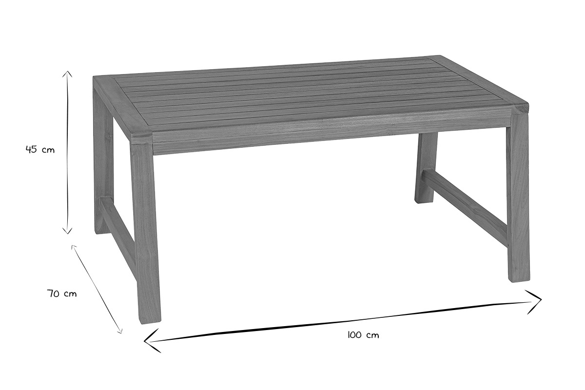 Abmessungen des rechteckigen Couchtischs aus massivem Teakholz: 100 cm x 70 cm x 45 cm in Schwarz und Wei�.