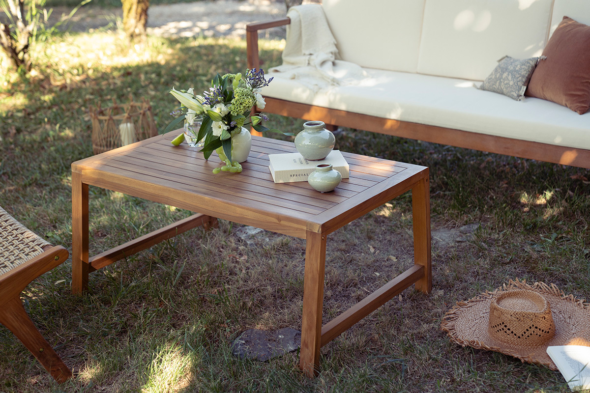 Rechteckiger Gartencouchtisch aus massivem Teakholz L100 cm SUNDA