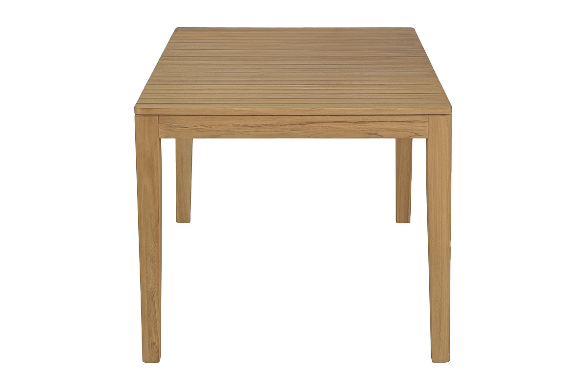 Rechteckiger Gartentisch aus massivem Teakholz, Seitenansicht, Ma�e L160 x T90 x H75 cm.