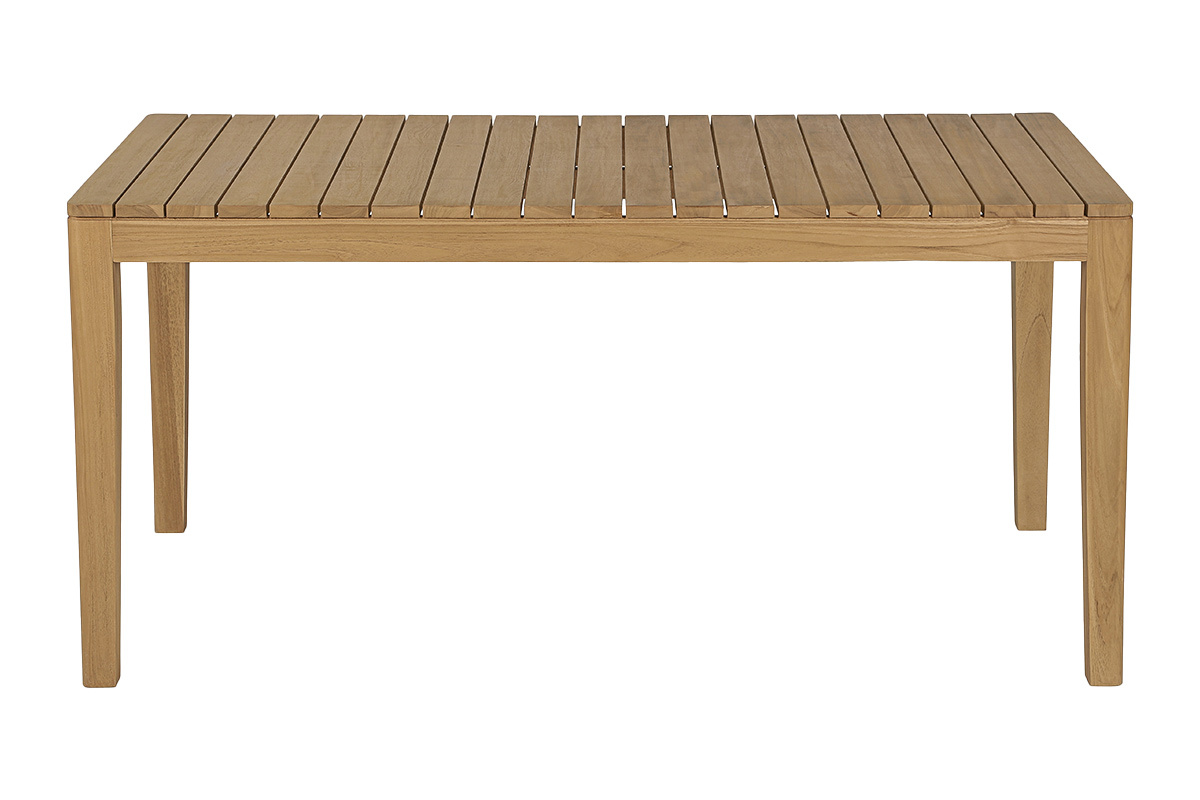 Rechteckiger Gartentisch aus massivem Teakholz, Frontansicht, mit Lattenplatte.