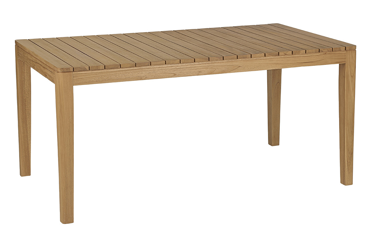 Rechteckiger Gartentisch aus massivem Teakholz, 3/4-Ansicht, Ma�e L160 cm.