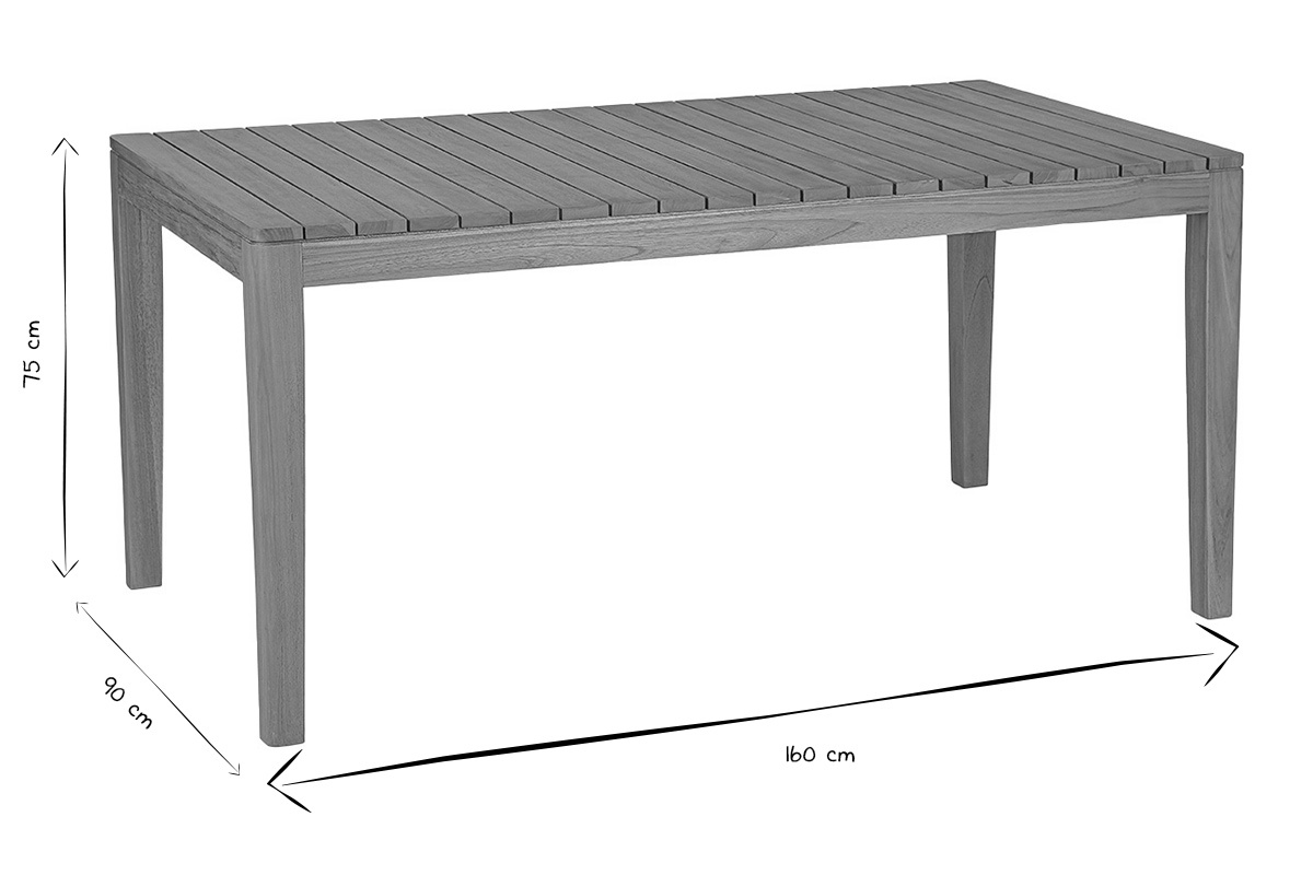 Abmessungen des Gartentischs aus massivem Teakholz: L160 x T90 x H75 cm in Schwarz und Wei�.
