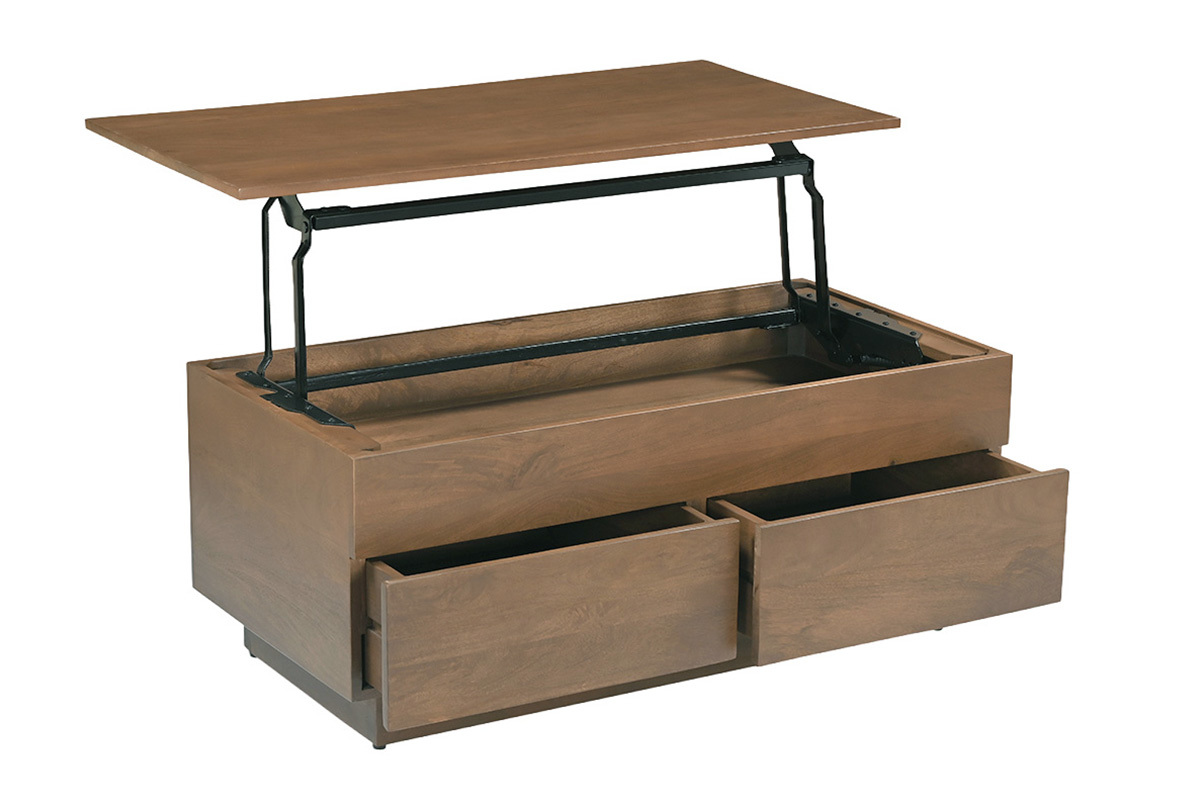 Rechteckiger h�henverstellbarer Couchtisch aus massivem Mangoholz mit Schubladen, 3/4-Ansicht.
