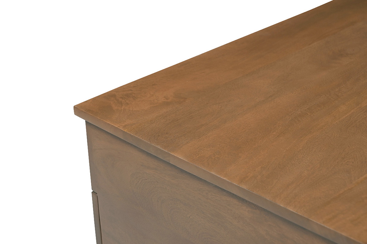 Tischplatte des Couchtisches NEXO aus massivem Mangoholz, von oben gesehen, dunkle Holzoberfl�che.