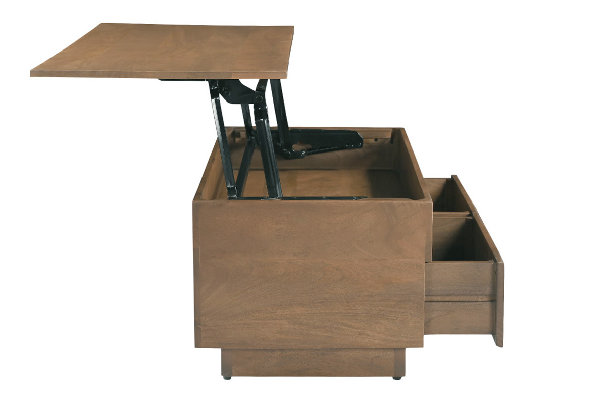 H�henverstellbarer Couchtisch aus dunklem Mangoholz, Seitenansicht mit ge�ffneten Schubladen.