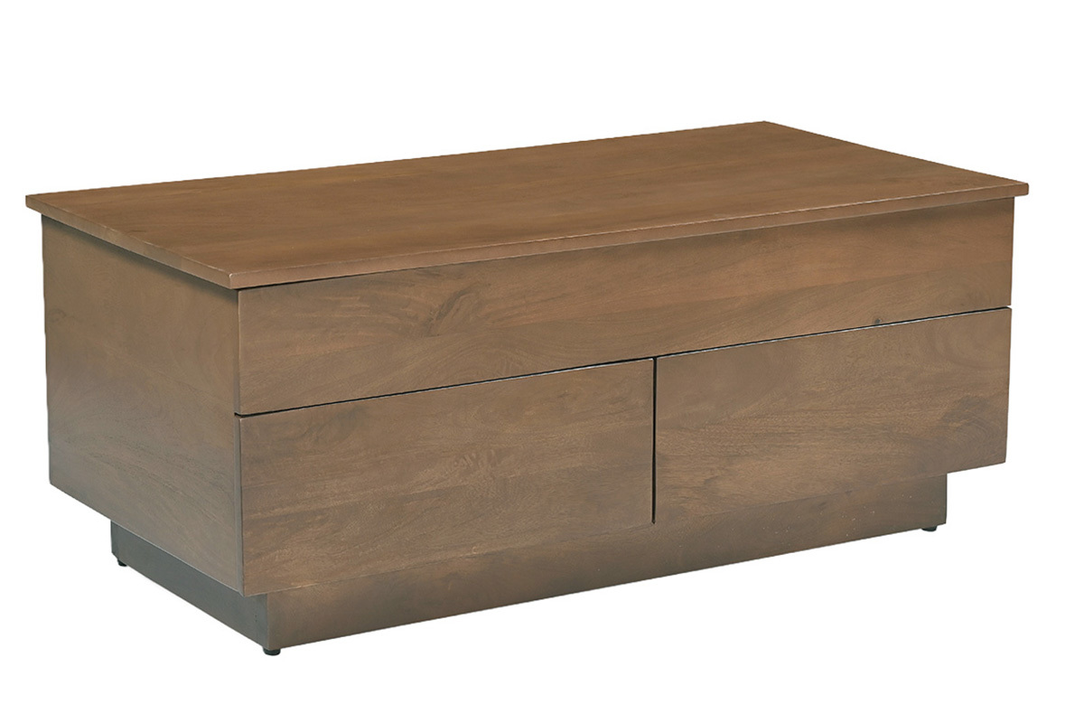 Rechteckiger Couchtisch aus massivem dunklem Mangoholz mit zwei Schubladen, 3/4-Ansicht.