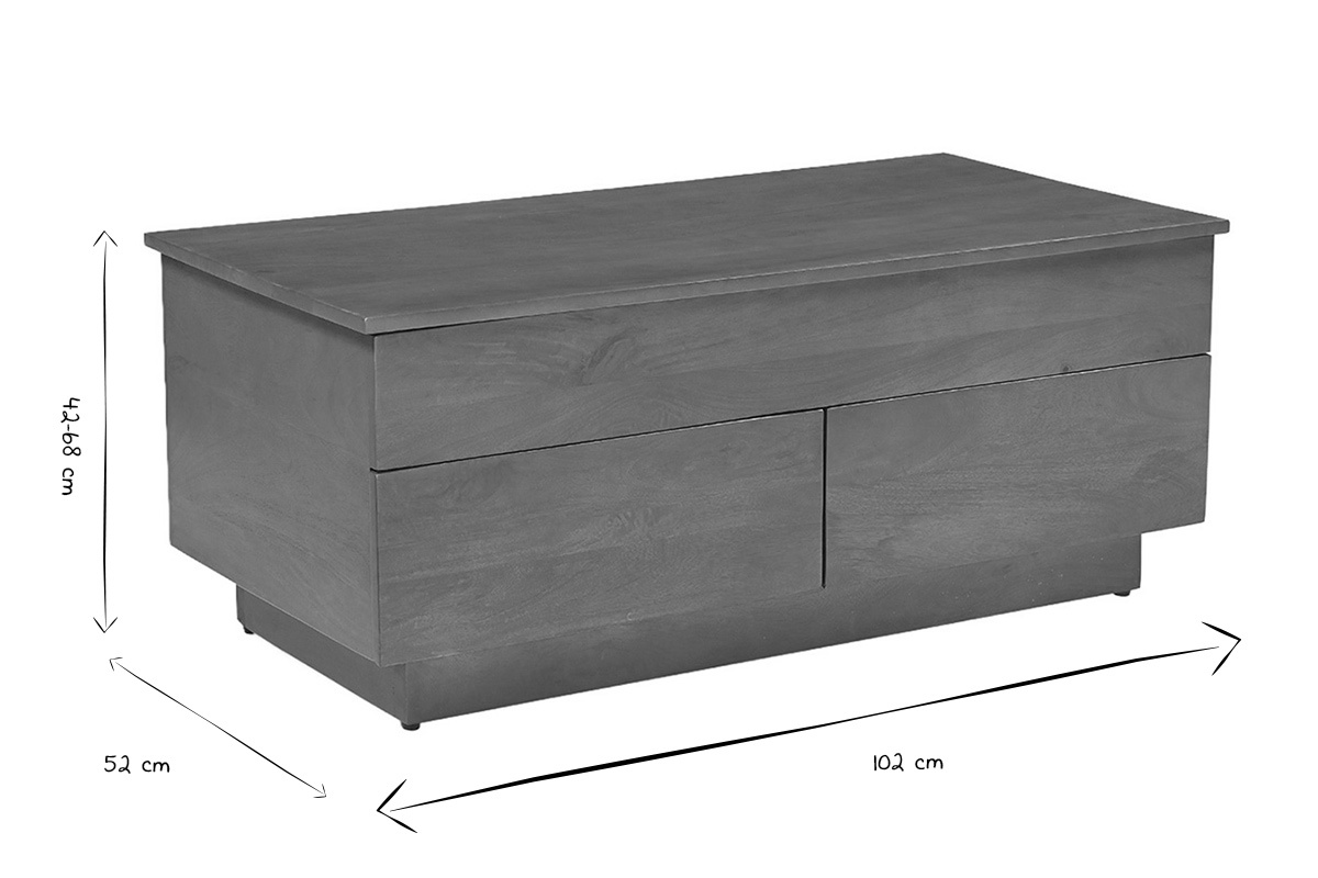 Rechteckiger, hochklappbarer Couchtisch aus dunkelbraunem massivem Mangoholz L102 cm NEXO