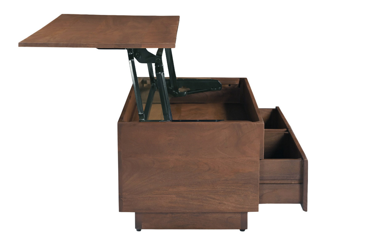 H�henverstellbarer Couchtisch aus dunklem Holz, Seitenansicht mit angehobenem Tischblatt und ge�ffneten Schubladen.