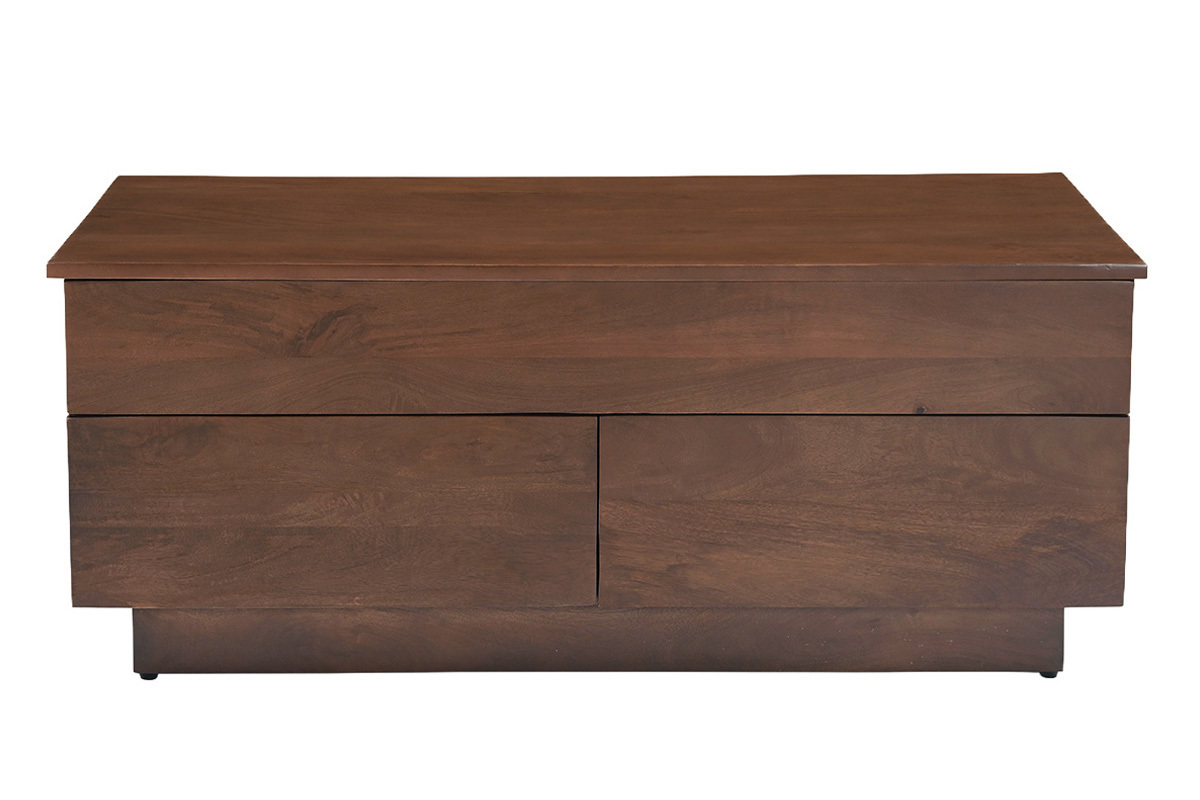 Rechteckiger h�henverstellbarer Couchtisch aus massivem dunklem Mangoholz, Vorderansicht.