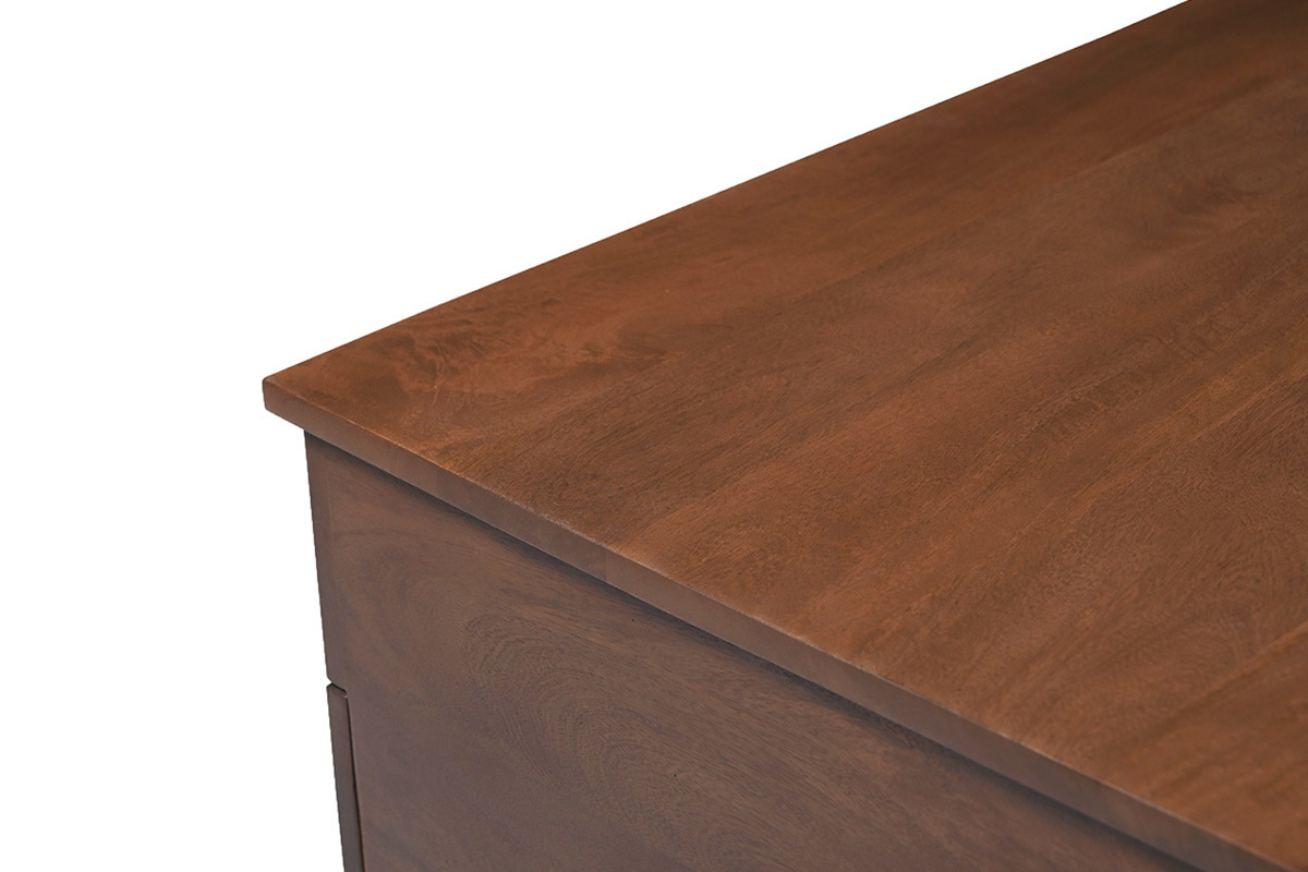 Detailansicht der Tischplatte des h�henverstellbaren Couchtischs NEXO aus massivem dunklem Mangoholz.