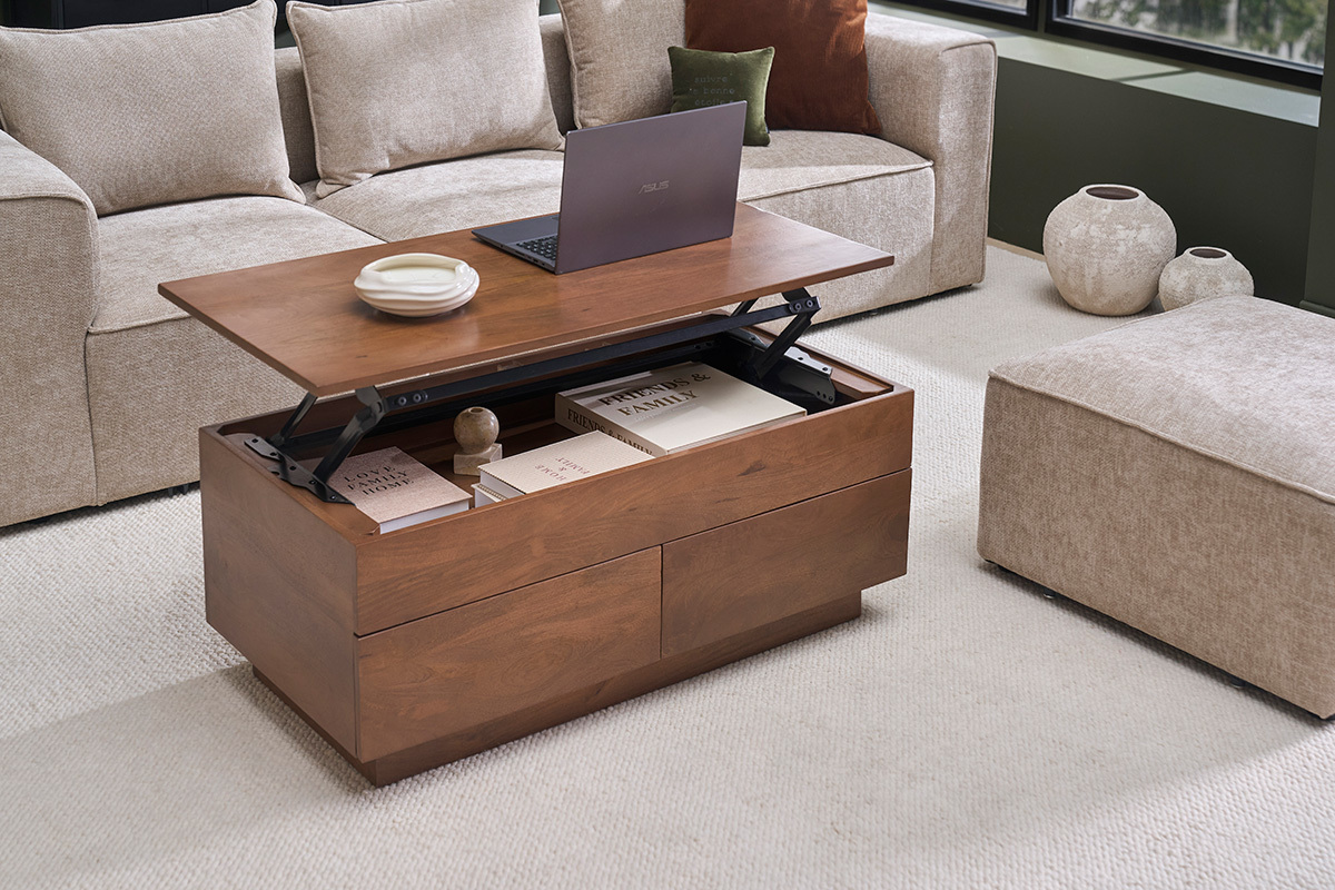 Rechteckiger, hochklappbarer Couchtisch aus dunkelbraunem massivem Mangoholz L102 cm NEXO