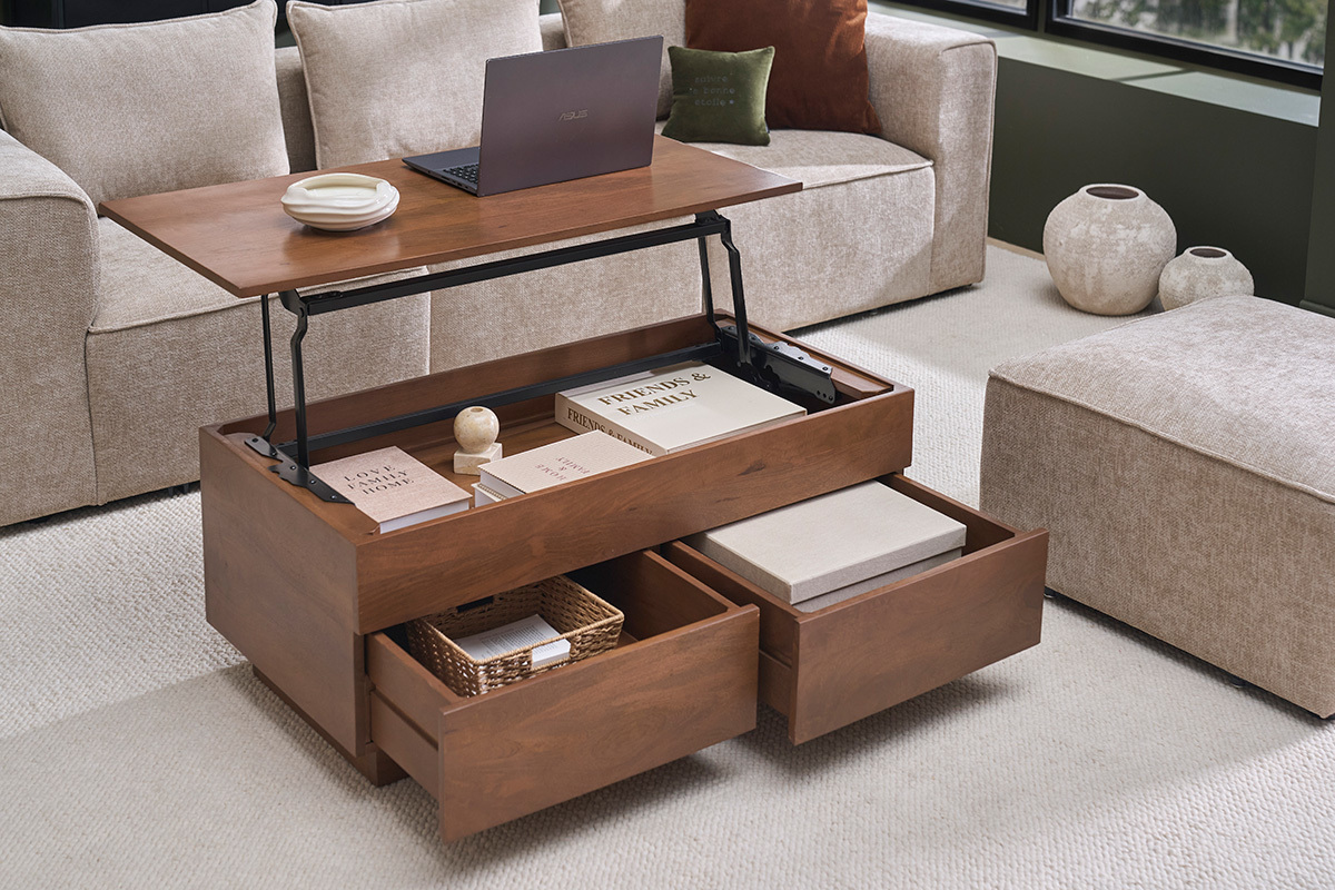 Rechteckiger, hochklappbarer Couchtisch aus dunkelbraunem massivem Mangoholz L102 cm NEXO
