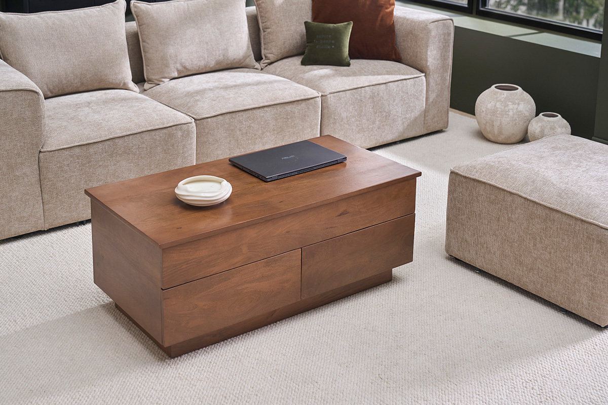 Rechteckiger, hochklappbarer Couchtisch aus dunkelbraunem massivem Mangoholz L102 cm NEXO