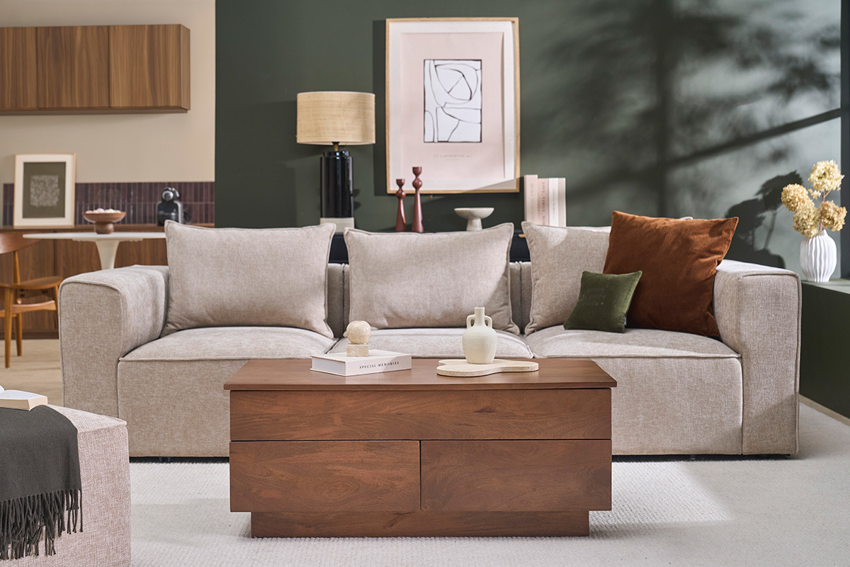 Rechteckiger, hochklappbarer Couchtisch aus dunkelbraunem massivem Mangoholz L102 cm NEXO