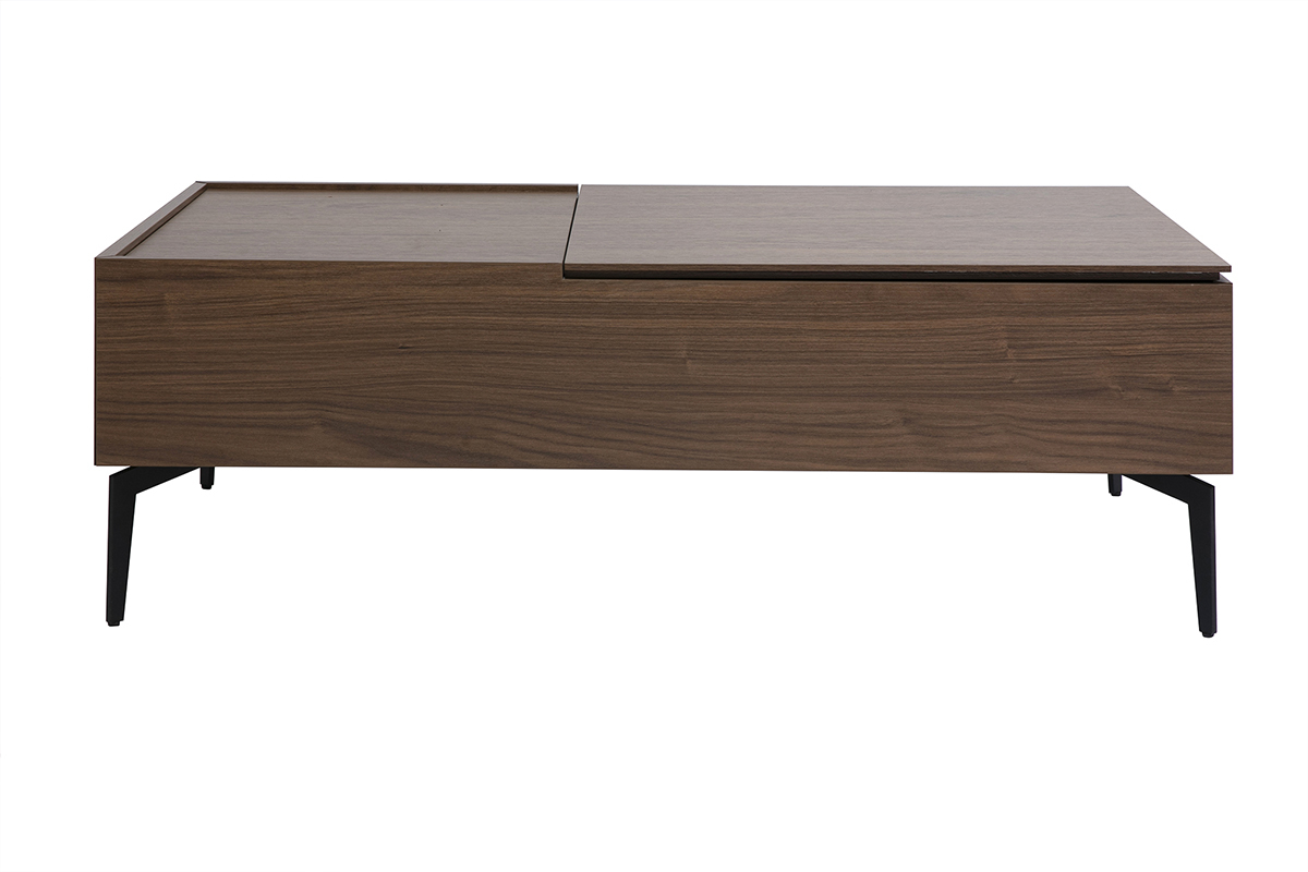 Rechteckiger Couchtisch aus dunklem Holz, Walnuss-Finish, schwarzes Metall, Frontansicht.