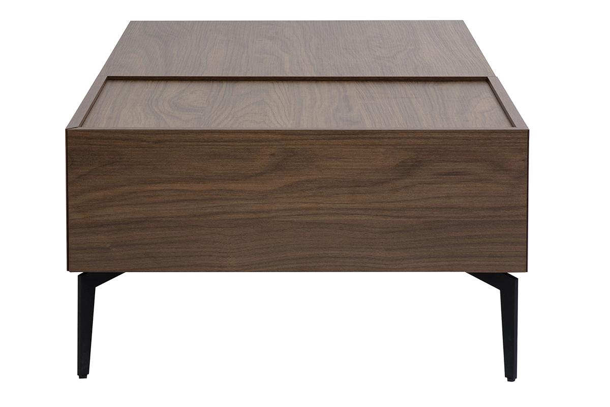 Dunkler Holz rechteckiger Couchtisch Nussbaum-Finish mit schwarzen Metallbeinen, Seitenansicht.