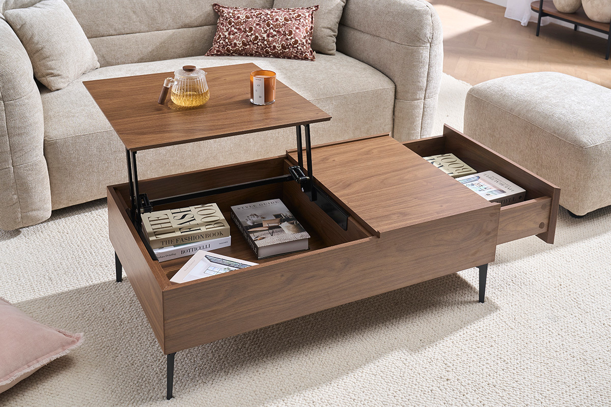 Rechteckiger h�henverstellbarer Couchtisch aus dunklem Holz mit Walnuss-Finish und schwarzem Metall L103 cm SEDA