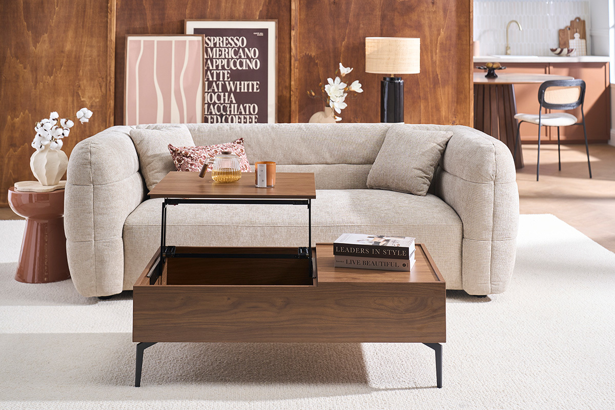 Rechteckiger h�henverstellbarer Couchtisch aus dunklem Holz mit Walnuss-Finish und schwarzem Metall L103 cm SEDA