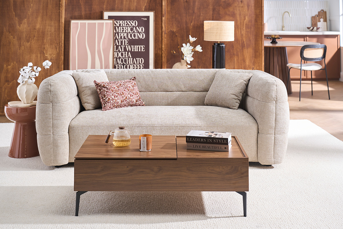 Rechteckiger h�henverstellbarer Couchtisch aus dunklem Holz mit Walnuss-Finish und schwarzem Metall L103 cm SEDA