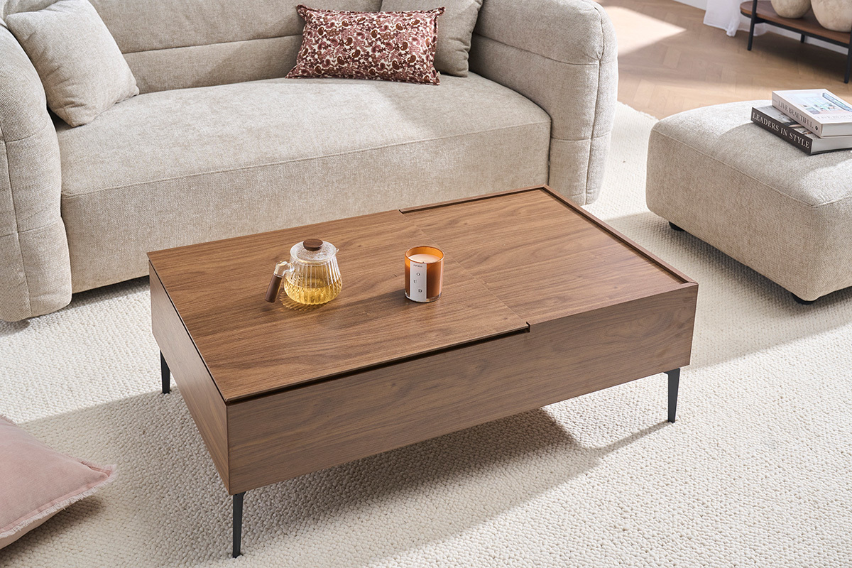 Rechteckiger h�henverstellbarer Couchtisch aus dunklem Holz mit Walnuss-Finish und schwarzem Metall L103 cm SEDA