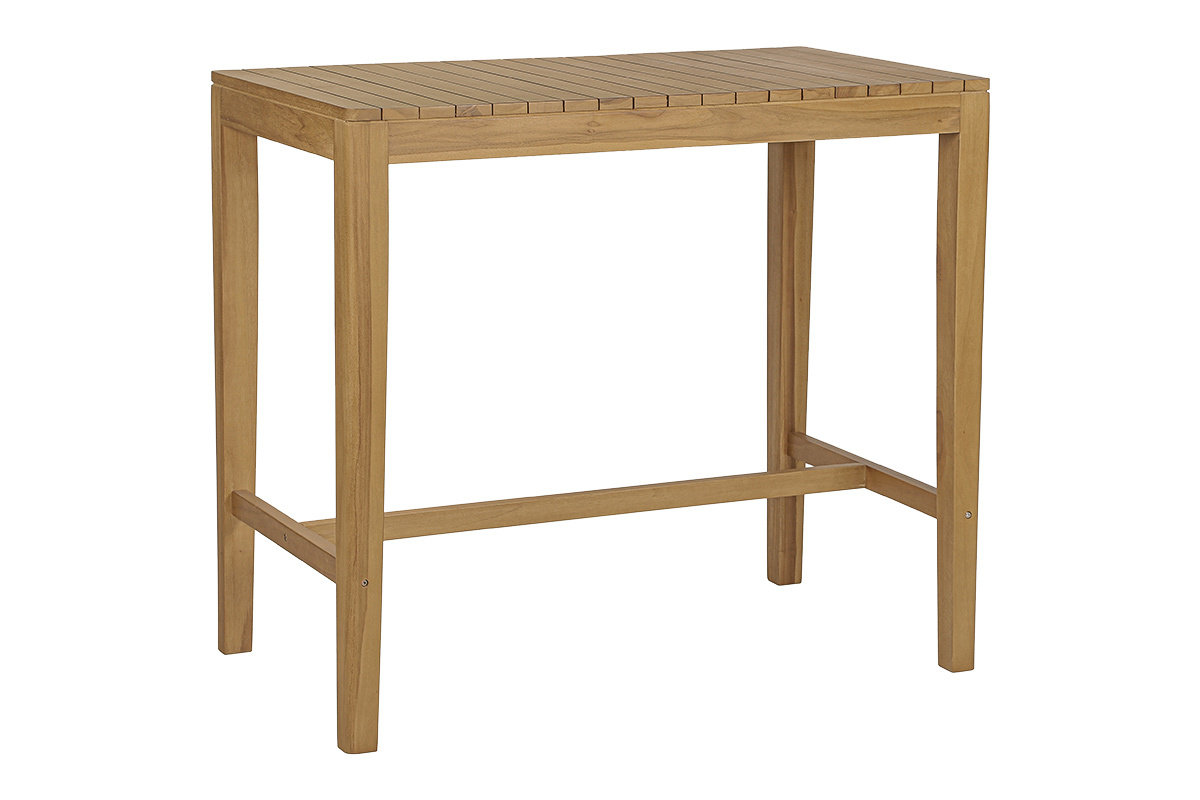 Rechteckiger hoher Gartentisch aus Massivteak L120 cm, 3/4-Ansicht.