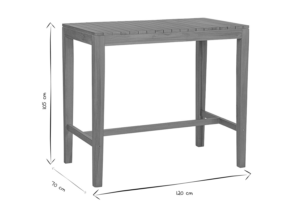 Rechteckiger hoher Gartentisch aus massivem Teakholz, Ma�e L120 x T70 x H105 cm, Seitenansicht in Schwarzwei�.