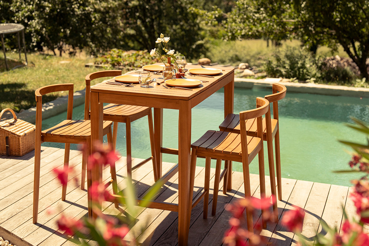 Rechteckiger hoher Gartentisch aus massivem Teakholz L120 cm GILI