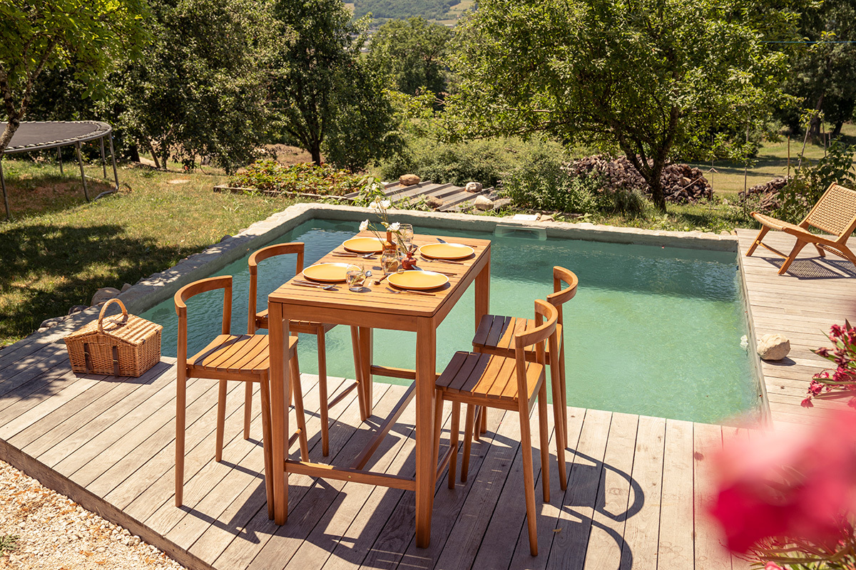 Rechteckiger hoher Gartentisch aus massivem Teakholz L120 cm GILI