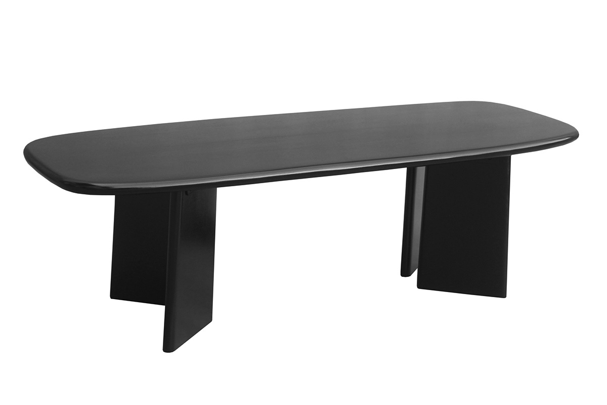 Rechteckiger Couchtisch aus massivem, schwarz gebeiztem Mangoholz, 3/4-Ansicht.
