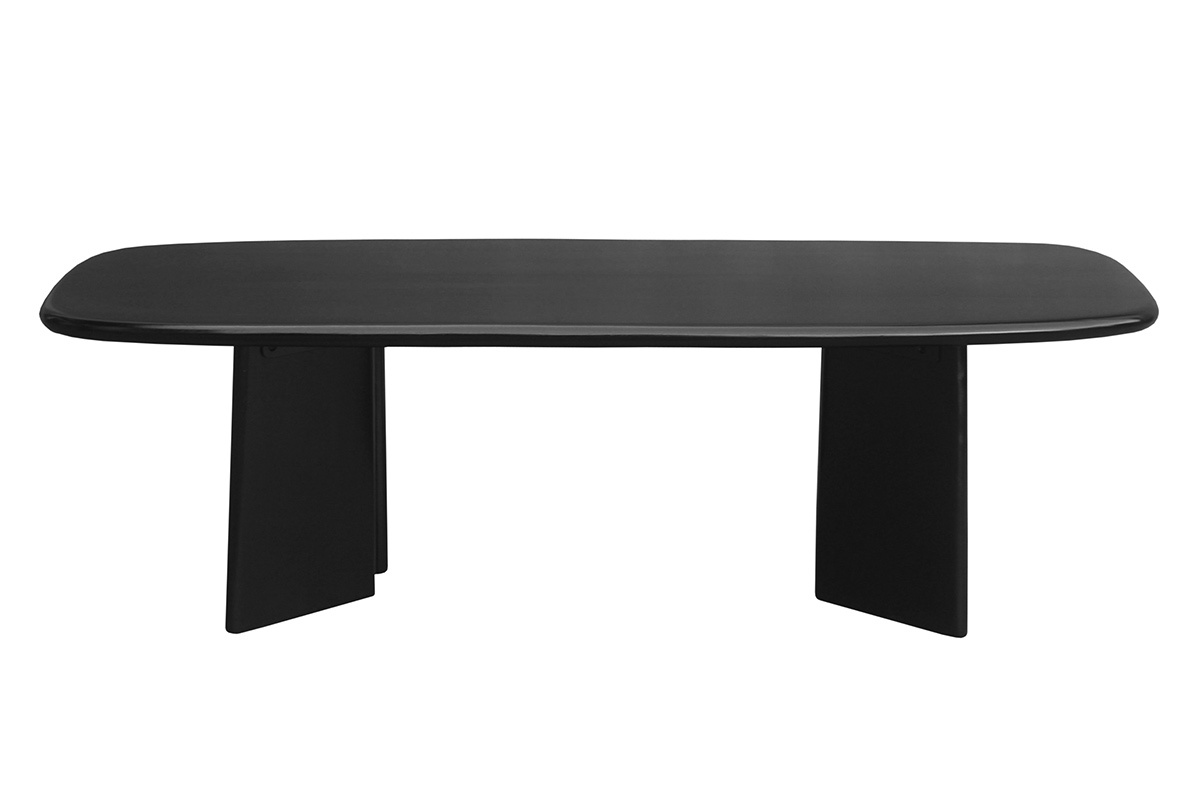 Rechteckiger Couchtisch aus massivem, schwarz gebeiztem Mangoholz, Frontansicht, mit abgerundeten Kanten der Tischplatte.