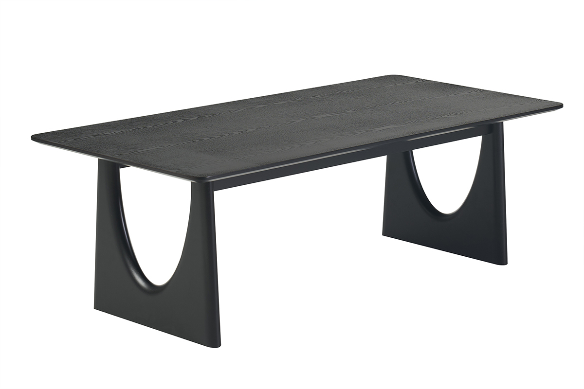 Rechteckiger schwarzer Designer-Couchtisch von 120 cm mit Holzbeinen, 3/4-Ansicht.