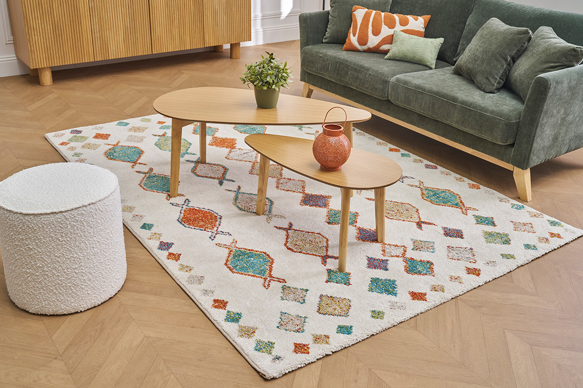 Rechteckiger Teppich beige mit mehrfarbigen Motiven 160 x 230 cm NAMI