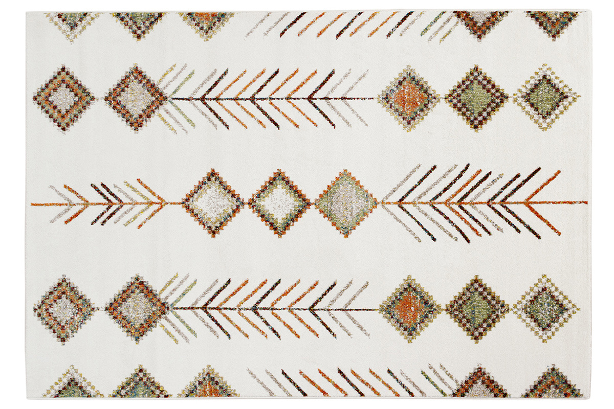 Rechteckiger Teppich mit bunten Berbermustern, ecru Hintergrund, Diamanten und Pfeile, 160 x 230 cm.