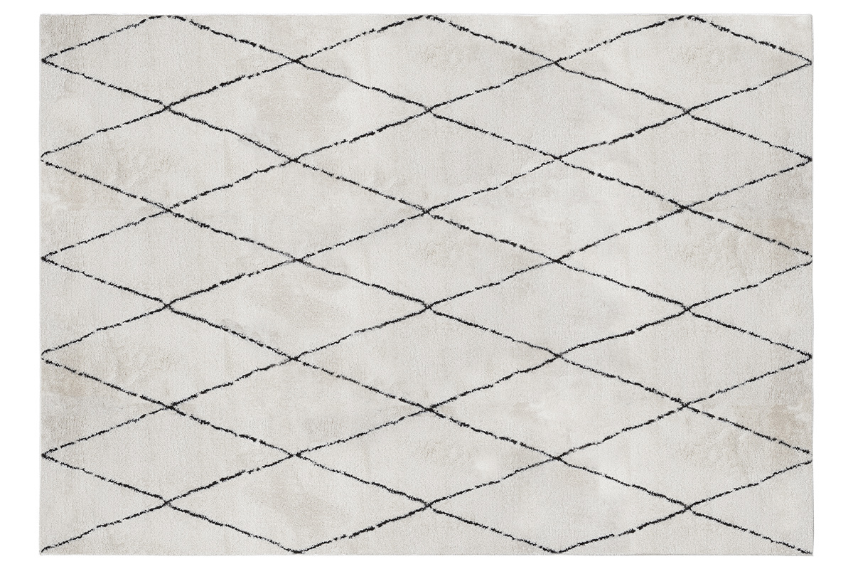 Rechteckiger Teppich 200x300 cm, gebrochenes Wei� mit schwarzen Rautenmustern, Draufsicht.