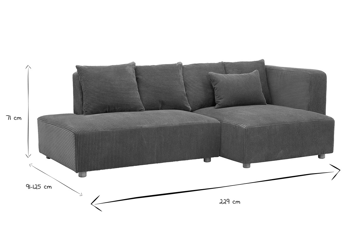 Ma�e des rechten Ecksofas f�r 3 Personen in Schwarz und Wei�, L229 x T91-125 x H71 cm.
