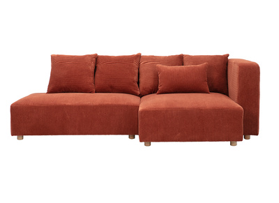 Rechteckiges Ecksofa mit rechter Armlehne, 3-Sitzer, in terrakottafarbenem Cord-Samtstoff und hellem Holz HARLEM