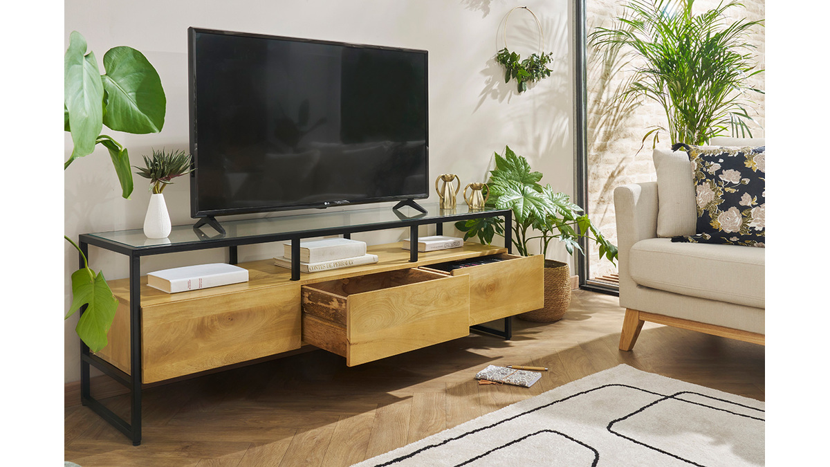 Rechteckiges TV-Mbel mit Ablagefchern aus massivem Mangoholz, Glas und schwarzem Metall B150 cm DIYA