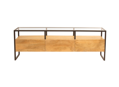 Rechteckiges TV-Möbel mit Ablagefächern aus massivem Mangoholz, Glas und schwarzem Metall B150 cm DIYA