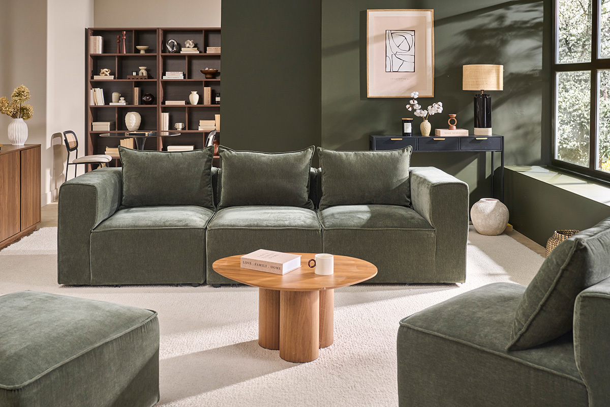 Rechtes Modul f�r Sofa aus Stoff in Samtoptik khakigr�n KERRY