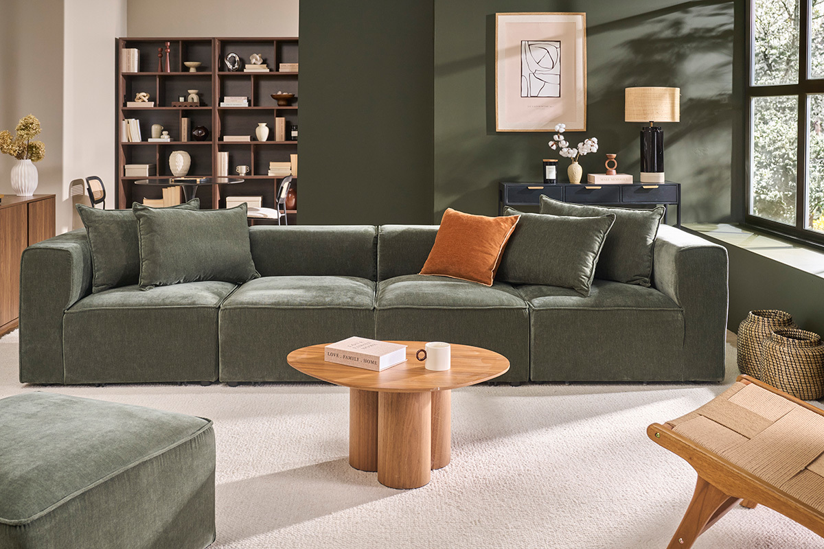 Rechtes Modul f�r Sofa aus Stoff in Samtoptik khakigr�n KERRY