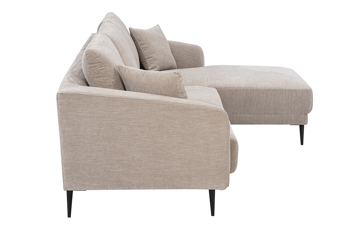 Rechtsseitiges Ecksofa mit 3 Sitzen aus Stoff mit Samteffekt in Taupe, Seitenansicht mit geschwungenen Armlehnen